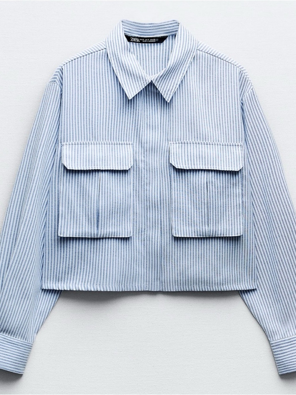 Zara Blue and White Striped Cropped Shirt Jacket